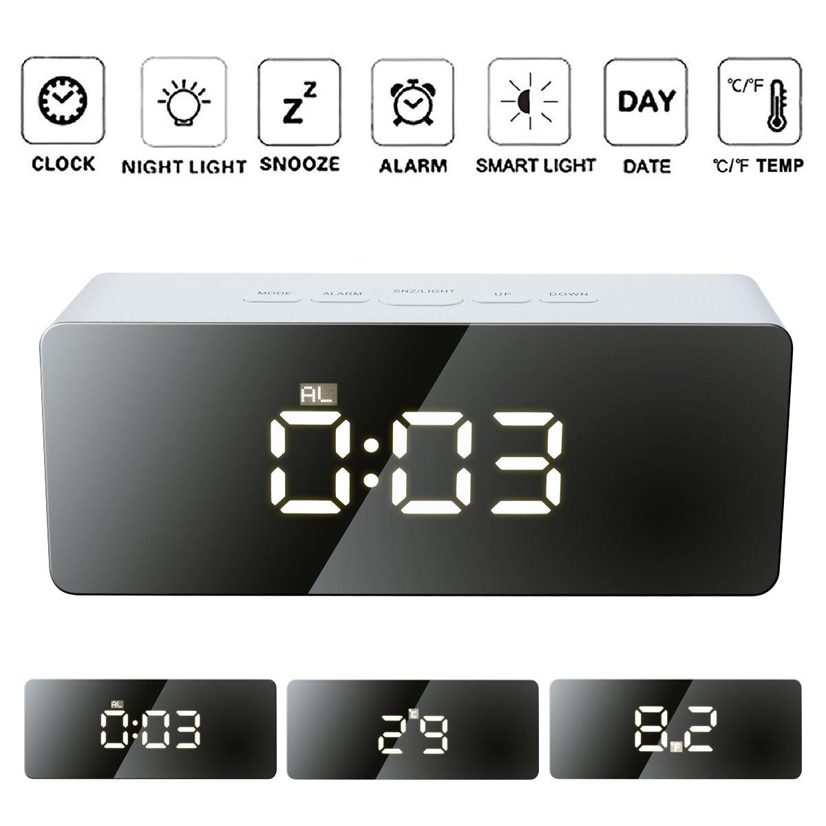 Digital Mirror LED Snooze Alarm Clock Time with Temperature Night Mode