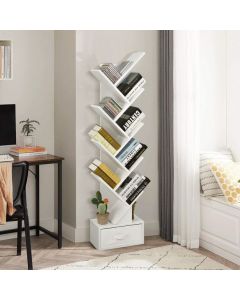 10-Tier Freestanding Tree Bookshelf with Drawer