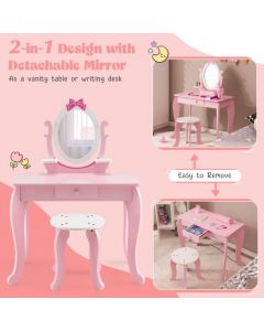 2 in 1 Kids Vanity Table with Stool and 360° Rotating Mirror