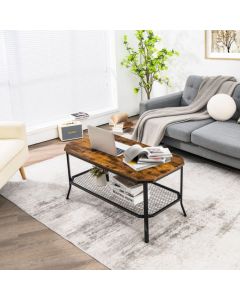 2-Tier Industrial Coffee Table with Open Metal Mesh Shelf