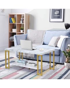 2-Tier Marble Print Coffee Table with MDF Top and Gold Print Metal Frame