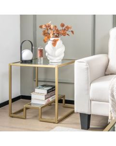 2-Tier Snack Table with Golden Metal Frame and Tempered Glass Tabletop