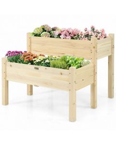 2 Tier Fir Wooden Raised Garden Bed with Drain Holes Natural