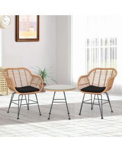 3 Piece Patio Rattan Set with 2 Cushioned Chairs and Tempered Glass Table