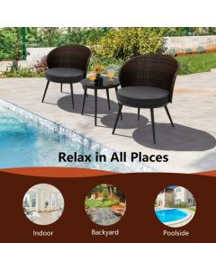 3 Pieces Patio Rattan Bistro Set with Cushioned Chairs and Glass Table