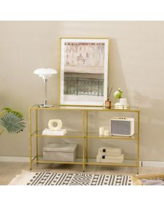 3-Tier Modern Console Table with Tempered Glass Shelf and Gold Frame