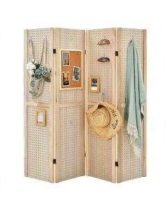 4 Panel Folding Wooden Room Divider with Pegboard Display