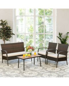 4 Piece Rattan Furniture Set with Cushioned Chairs and Loveseat