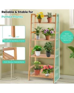 4 Tier Bamboo Plant Stand with Rear Bar and Slatted Tier Design