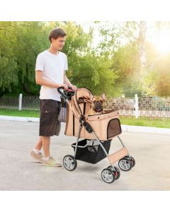 4-Wheel Folding Pet Stroller with Storage Basket and Adjustable Canopy