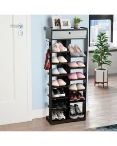 7+6 Tier Wooden Shoe Rack with Drawer and Hooks