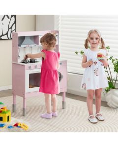Wooden Kids Play Kitchen with Adjustable Height and Washing Machine