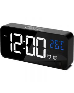 Mirror LED USB Charging Digital Clock with Dual Alarms Temperature Display - Black