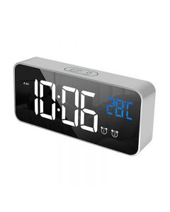 Mirror LED USB Charging Digital Clock with Dual Alarms Temperature Display - Silver