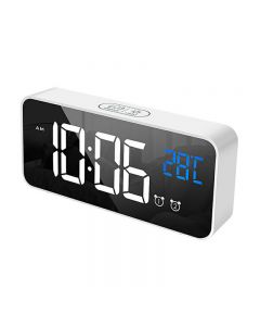 Mirror LED USB Charging Digital Clock with Dual Alarms Temperature Display - White