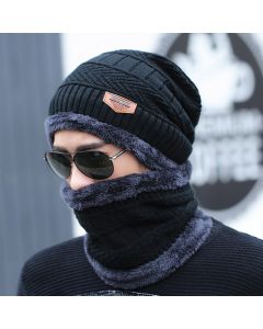 Mens Beanie Hat Scarf Set Neck Cover Winter Warm Fleece Knitted Thick Ski Cap - Black