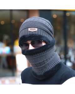 Mens Beanie Hat Scarf Set Neck Cover Winter Warm Fleece Knitted Thick Ski Cap - Grey