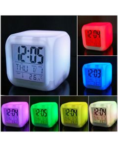 7 Colors Glowing LED Digital Silent Alarm Clock Cube with Date Day and Temperature Display