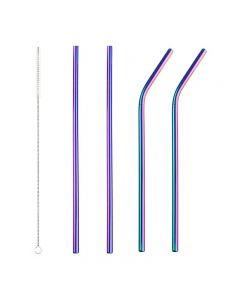 4pcs Stainless Steel Reusable Metal Drinking Straw with Cleaner Brush - Rainbow Colour