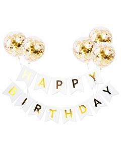 Bunting Banner and Foil Latex Confetti Round Sequins Balloon for Wedding Birthday Hen Party - White