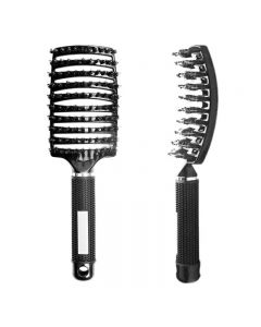 Natural Boar Bristle Detangling Nylon Brush Large Curved Curly Hair Styler - Black