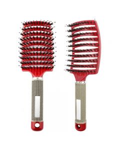 Natural Boar Bristle Detangling Nylon Brush Large Curved Curly Hair Styler - Red