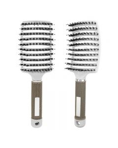 Natural Boar Bristle Detangling Nylon Brush Large Curved Curly Hair Styler - White
