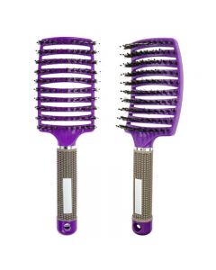 Natural Boar Bristle Detangling Nylon Brush Large Curved Curly Hair Styler - Purple