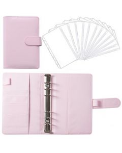 A6 PU Leather Notebook Binder Budget Planner Organizer Cover Pockets - Pink