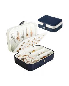 Mini Small Organizer Portable Display Storage Case for Women Earrings Rings Leather Jewelry Box - Navy