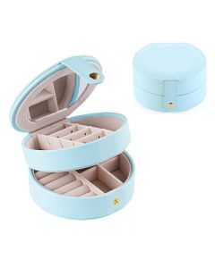 Round Jewelry Boxes Portable PU Leather Case 2 Layers Storage Organizer for Travel Home - Light Blue
