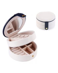 Round Jewelry Boxes Portable PU Leather Case 2 Layers Storage Organizer for Travel Home - White