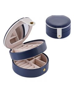 Round Jewelry Boxes Portable PU Leather Case 2 Layers Storage Organizer for Travel Home - Dark Blue