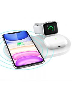 3 in 1 Wireless 10W Qi Fast Charger Station with iWatch Stand for iPhone Airpods and iWatch - White