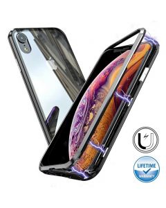 Magnetic Adsorption Metal Edge Tempered Glass Back Case Phone Full Cover for iPhone XR - Transparent Black