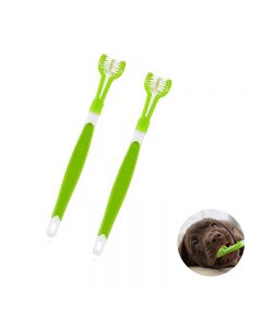 2 Pcs Pet Dog Puppy Non-slip Handle Tooth Brush Three-head Toothbrush - Green