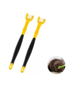 2 Pcs Pet Dog Puppy Non-slip Handle Tooth Brush Three-head Toothbrush - Yellow