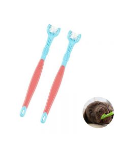 2 Pcs Pet Dog Puppy Non-slip Handle Tooth Brush Three-head Toothbrush - Blue + Red