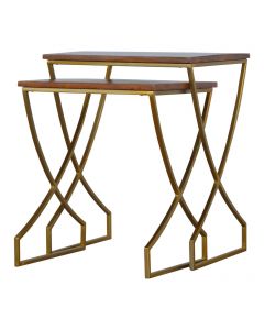 Set of 2 Nesting Tables with Golden Base and Wooden Tops