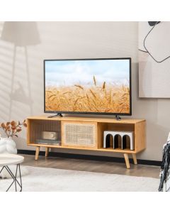Bamboo Entertainment Center with Rattan and Tempered Glass Sliding Doors