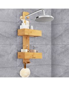2-Tier Waterproof Bamboo Hanging Shower Caddy with 2 Hooks for bathroom