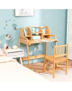 Bamboo Kids Desk and Chair Set with Bookshelves for Studying