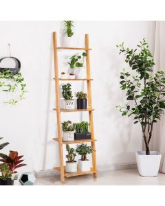 5-Tier Bamboo Leaning Wall Ladder Shelf for Living Room Kitchen Bathroom
