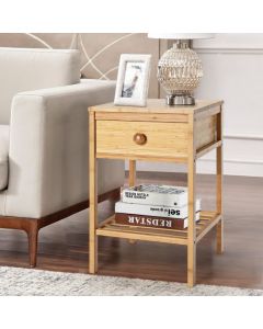 Bamboo Nightstand Bedside Table with Drawer and Open Storage Shelf
