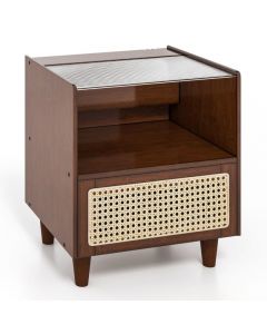 Bamboo Rattan Nightstand with Drawer and Solid Wood Legs for Bedroom Living Room