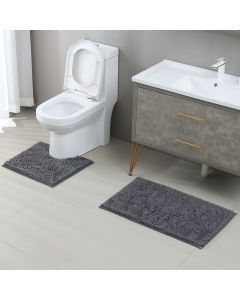 2pcs Memory Loop Bath Mat Set Pedestal Non Slip Super Soft Toilet Bathroom Rug - Grey