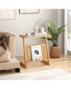 Bohemian Style Z-shaped Bamboo End Table with Rattan Shelf