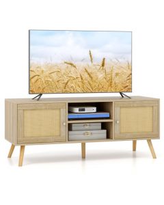 Boho PE Rattan TV Stand with 2 Cabinets and Open Shelves