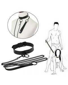 Bondage Restraint Collar Leash Slave Necklace PU Leather Play BDSM Choker Chain - Black