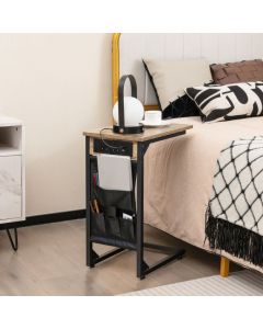 Set of 2 C-Shaped End Table with Charging Station and Side Storage Bag